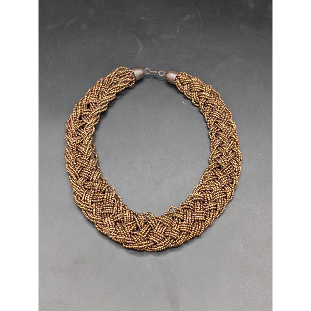 Vintage Multi-Strand Glass Seed Bead Bold Statement Necklace Bronze Iris 17”